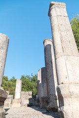 Remains  of columns in the inner hall of the ruins of the Big Sinagogue of the Talmudic Period in Bar'am National Park in Israel.