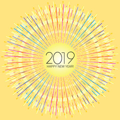 Blue and pink dashed linear design with 2019 Happy New Year text in a circular frame on an isolated yellow background