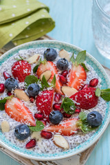 Coconut Chia Pudding with strawberry, blueberry, pomegranate seeds and almond