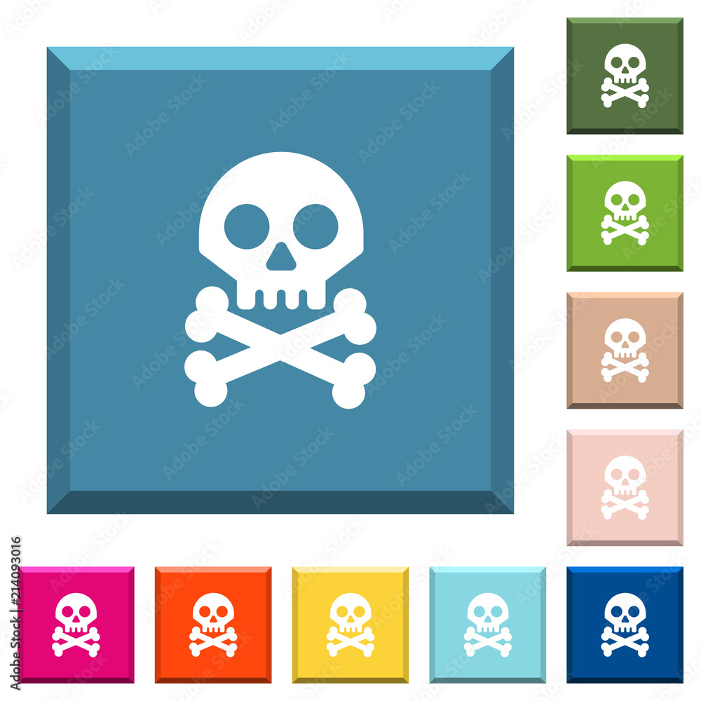 Aufkleber skull with bones white icons on edged square buttons