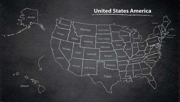 USA map with Alaska and Hawaii map separate states individual names blackboard chalkboard vector