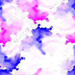 Seamless pattern of pink, blue and purple watercolor blots for background.