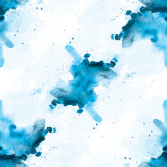 White and blue seamless pattern watercolor blots