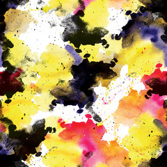 Seamless pattern of black, white, blue, yellow watercolor blots