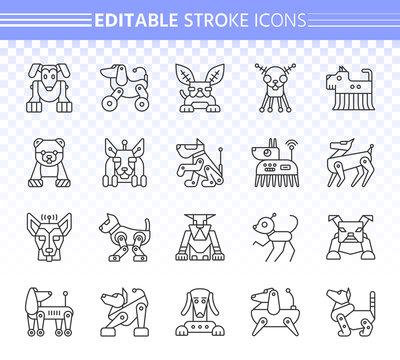 Robot Dog simple black line icons vector set