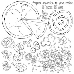 Group of vector illustrations on the fast food theme; set of isolated products for cooking pizza. 