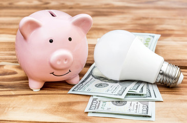 Piggy bank with light bulb and money on wooden background.