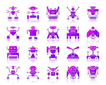 Robot simple purple gradient icons vector set