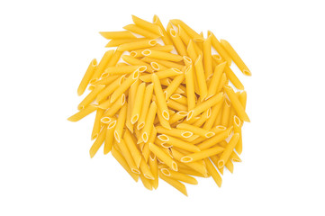 Heap of raw pasta on white background. Top view.