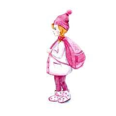 Schoolgirl. A little girl with a big pink backpack. Watercolor. Vector