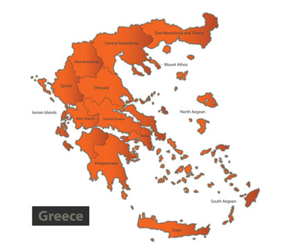 Greece map Orange separate region individual names vector