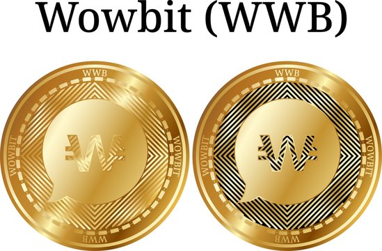 Set of physical golden coin Wowbit (WWB), digital cryptocurrency. Wowbit (WWB) icon set. Vector illustration isolated on white background.