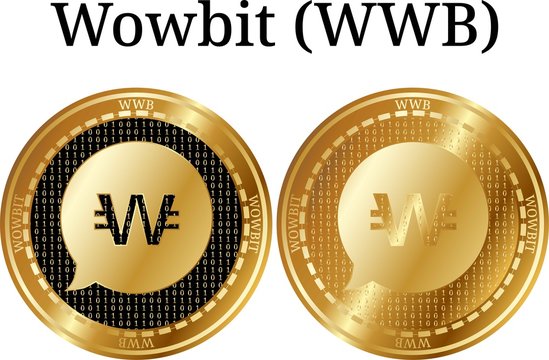 Set of physical golden coin Wowbit (WWB), digital cryptocurrency. Wowbit (WWB) icon set. Vector illustration isolated on white background.
