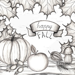 Happy fall. Concept of the holiday of autumn and harvest. Hand drawing. The leaves of the trees are maple, oak. Pumpkin, apple, mushroom, dog rose, fizalis, acorns, wheat
