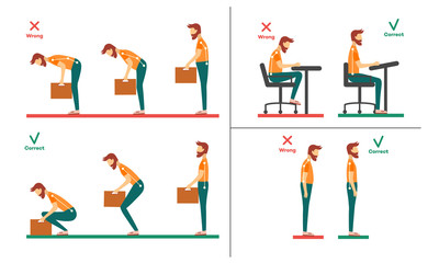 Correct, incorrect neck, spine alignment of young cartoon man character sitting at desk, lifting weight. Head bending positions, inclination of neck. Spine care concept. Vector isolated illustration - obrazy, fototapety, plakaty
