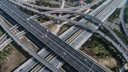 Aerial view of railway, highway and overpass on Middle Huaxia road, Shanghai