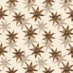  Star anise. Winter spice. Seamless pattern. Hand drawn watercolor illustration.