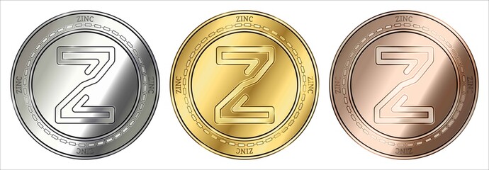 Gold, silver and bronze ZINC (ZINC) cryptocurrency coin.  coin set.