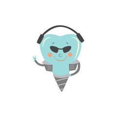 Dental implant cartoon character - cool and strong tooth substitute in rocker jacket, sunglasses and headphones showing horn hand gesture. Isolated vector illustration for dental prosthetics concept.