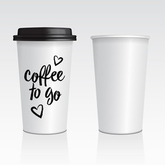 Vector realistic blank mock up paper cups with plastic lid. Coffee to go, take out mug