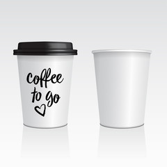 Vector set of realistic blank mock up paper cups with plastic lid. Coffee to go, take out mug