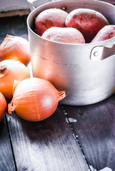 Raw potatoes and onions