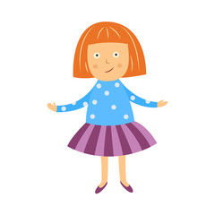 Cute little girl spreads her hands in misunderstanding isolated on white background. Flat cartoon child character having question with open hands gesture, vector illustration.