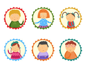 Little kids thinking and having questions and ideas set isolated on white background. Flat cartoon portraits of school age children in frames looking thoughtfully and curiously. Vector illustration.
