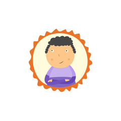 Little boy with crossed arms looking up thoughtfully portrait in frame isolated on white background. Flat cartoon character of school age thinks and makes decision. Vector illustration.