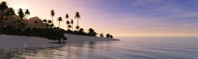Obraz premium Panorama of a tropical island at sunset. Sunset on the sea shore with palm trees. 3D rendering 