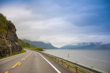 Beautiful road along fjord in the northern part of Norway