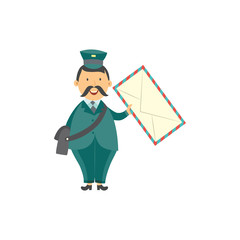 Cartoon postman cheerful character standing smiling holding big letter or mail. Man in professional green uniform peaked cap. Delivery service worker, mailman. Vector illustration