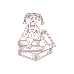 Schoolgirl sits on books cartoon character isolated on white background. Little girl with stack of big classbooks - hand drawn black and white element for back to school theme. Vector illustration.