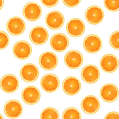 Slices of orange or tangerine isolated on white background. Flat lay, top view. Fruit composition. seamless pattern