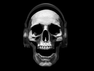 skull with headphones isolated in black background 3d illustration