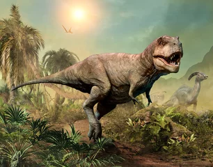 Deurstickers Dinosaurus Tyrannosaurus rex scène 3D illustratie