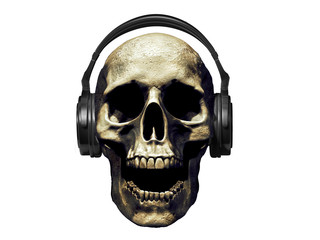 skull with headphones isolated in black background 3d illustration
