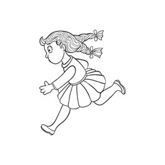Girl in summer clothing, skirt running looking back. Ranaway kid icon. Sketch teen female character with bow in pigtails, child running afraid face side view. Isolated monochrome vector illustration