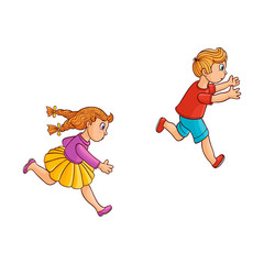 Girl and boy ranaway kids set. Sketch teen male, female characters, children in summer clothing running with afraid face looking back, side view. Isolated vector illustration