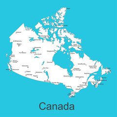 Obraz premium Map of Canada with cities on a blue background, vector illustration.