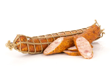 Group of one whole one half three slices of dry smoked ham sausage isolated on white