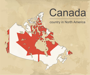 Canada map and flag on vintage background, vector illustration.