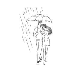 Vector sketch cartoon young couple woman, cute girl coat man walking holding umbrella under rain smiling hugging. Female character rainy autumn weather Isolated background monochrome illustration
