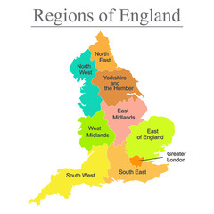 Colorful map of England with outline on white background.