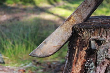old rusty big machete knife sticks out in a stump in the nature during a picnic.