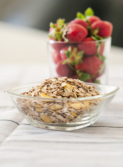 Fresh strawberries close up on wooden background