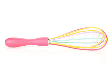 One whole kitchen tool colourful cage balloon whisk with a long handle isolated on white