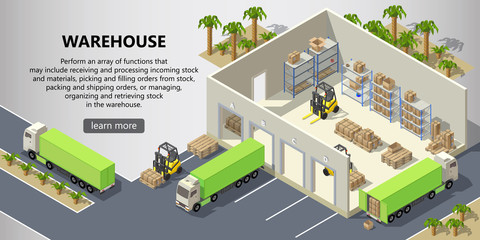 Vector isometric warehouse with interior inside, delivery service. Storehouse with boxes for shipping, trucks, forklifts with cargo. Web page with button and space for text, logistics concept banner - obrazy, fototapety, plakaty