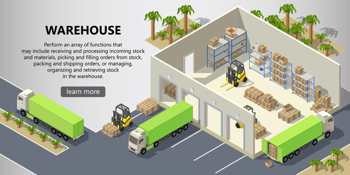 Vector isometric warehouse with interior inside, delivery service. Storehouse with boxes for shipping, trucks, forklifts with cargo. Web page with button and space for text, logistics concept banner