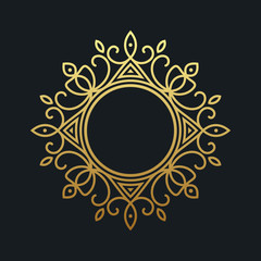 Gold elegant frame. Line art monogram for your design. Vector illustration